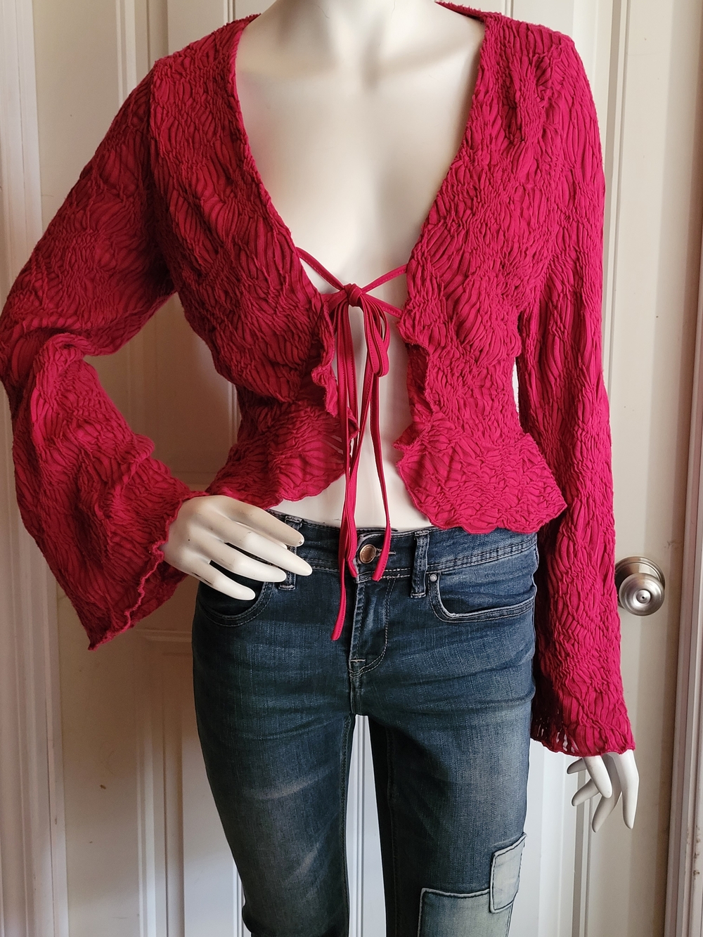 Women’s Fuchsia Tie-Front Textured Bell Sleeve Cardigan S